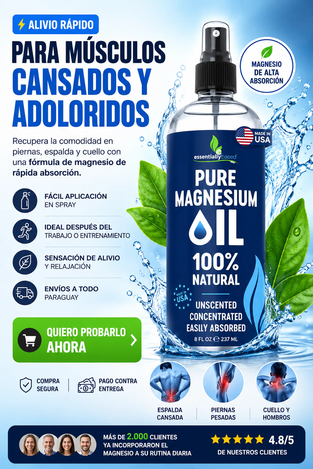 Aceite de magnesio transdérmico - se absorbe directo por la piel y actúa donde más lo necesitás.