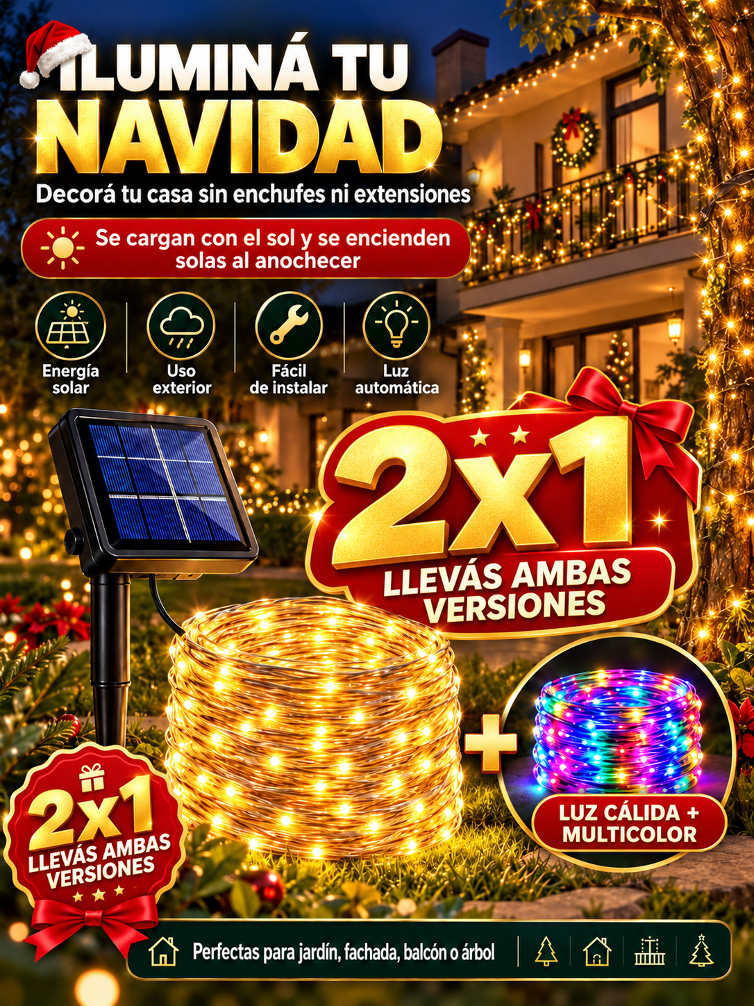 Luces Navideñas Solares 30m | 100 LED | Promo 2x1 🎄✨